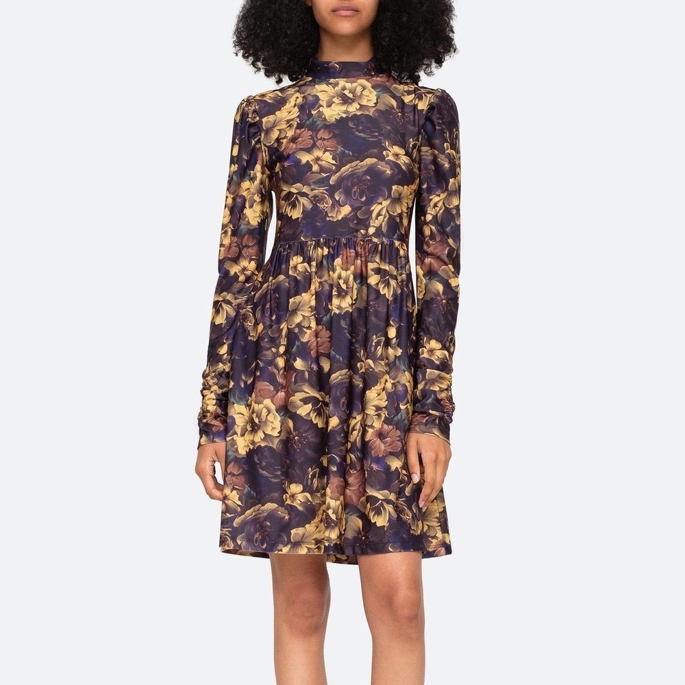 Sea‎ New York Dogwood Long Sleeve Dress Purple Yellow Dark Floral Pockets L
